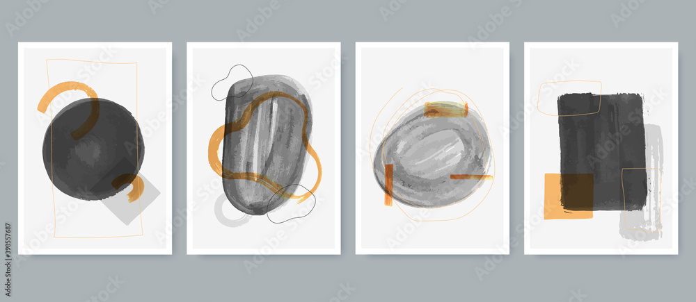 Aufkleber set of abstract posters in minimalist style with primitive hand painted shapes. trendy artistic comp