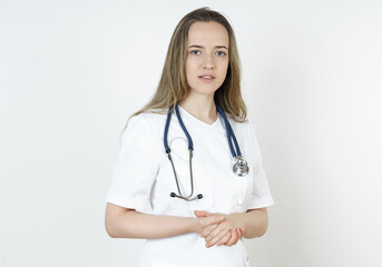 Fototapeta premium Medicine and health concept. Portrait of a doctor who has a stethoscope.