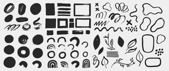 Collection of vector grunge elements, brush strokes, paint spots, lines and abstract shapes. Black ink stains isolated on white. Minimalistic design elements in hand painted style. - 398557697