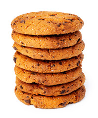 Stacked chocolate chip cookies isolated on white background