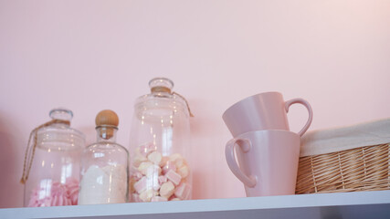 Fototapeta na wymiar Modern kitchen wall with cookware set.