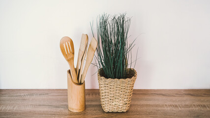 Wooden kitchen utensils set with vintage style.