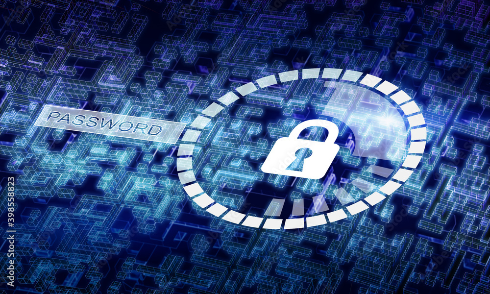 Poster abstract digital illustration of internet data security and safety concept with lock on circuit micr