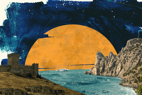 Surreal collage composition made of cutted photos with vintage toning. Seascape of fortress and rock on sundown evening. Dadaism minimal contemporary art.