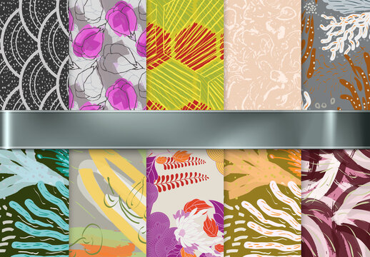Seamless Pattern Collection with Hand Drawn Rough Abstract Strokes and Floral Elements