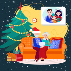 Elderly grandparents calling family on Christmas. Happy husband, wife and kid have New Year video conference with grandma and grandpa from home . Online holiday congratulation parents and kids.