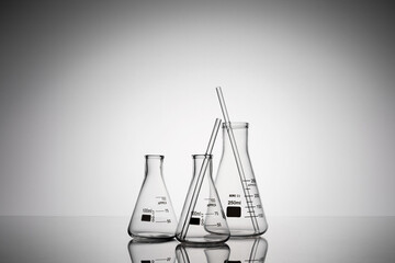 Closeup shot of Erlenmeyer beakers and tubes