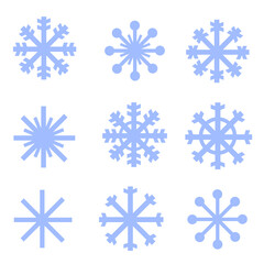 Fototapeta na wymiar Collection of 9 blue simple snowflake icons cut out on a white background. 