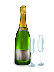 Closed bottle of white champagne. A bottle of champagne in an ice bucket and 2 full glasses. Realistic drink for the holiday and drink in glasses. Vector illustration