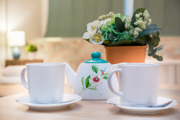 Scene with table served for tea ceremony