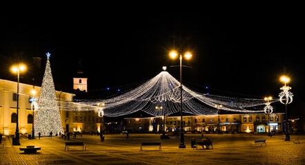 Panoramic view of the Big Square from Sibiu city with Christmas lights, Romania