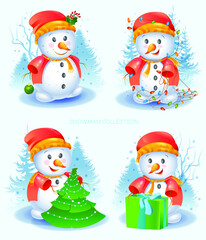Cute Snowman Set. Winter elements activities for children. The collection of snowmen is winter-themed. Cheerful christmas snowmen in different costume. Vector illustration