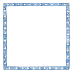 Watercolor hand-drawn. Blu Frame with white snow balls decoration. Illustration isolated on white