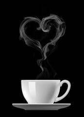Coffee with love. Cap of coffee with heart symbol made of steam isolated on black background - 398563465