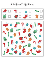 Christmas I spy game for preschool children. Count items. Educational activity worksheet.