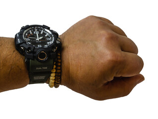 shockproof and water-resistant wrist watch with a double dial in dark green color, isolated