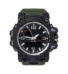 shockproof and water-resistant wrist watch with a double dial in dark green color, isolated