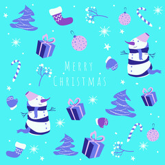 Christmas blue banner background christmas design. Xmas background with snowmans, gifts, christmas tree, socks, sweets, ball, snowflakes. Greeting cards for Christmas. Vector illustration