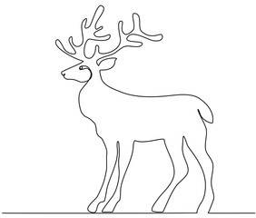 Deer continuous line for Christmas, New Year and any design projects. Continuous line drawn, modern minimalist style. Vector illustration. Black on white backround, wildlife illustration.