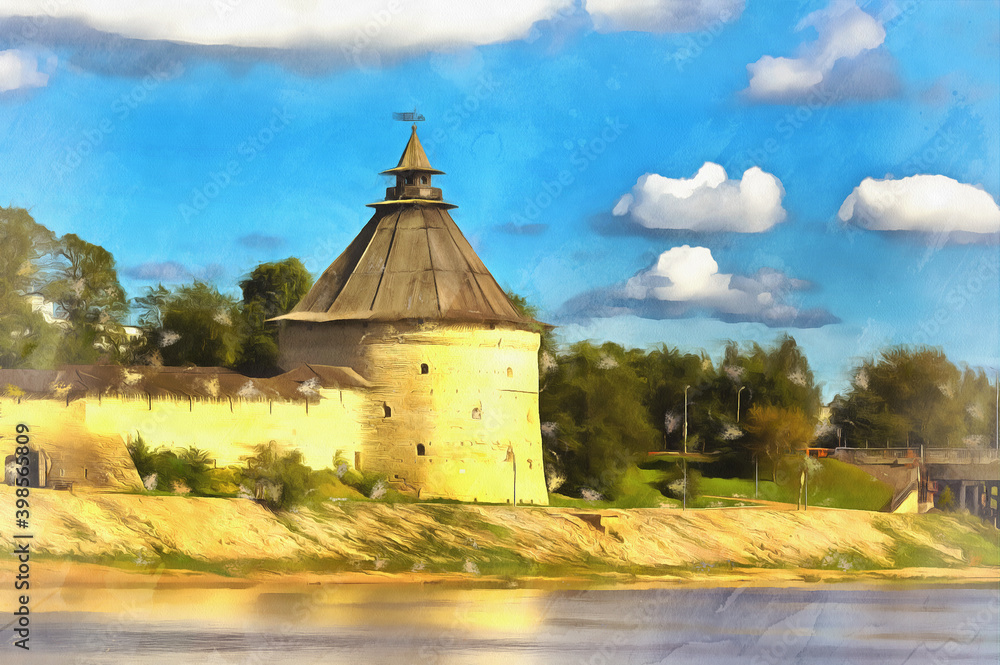 Wall mural View of the Pskov Krom or Kremlin colorful painting