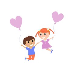 Happy boy and girl playing with colorful balloons. Jump for joy. Funny cartoon character. Vector illustration. Isolated on white background