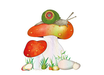 zwei Pilze mit bunter Schnecke