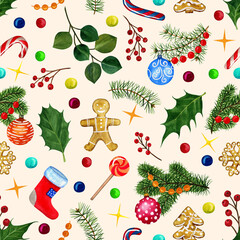 Seamless pattern of Christmas elements. Watercolour illustration of hand painted. Holiday ornamental decorations for the happy new year. Design element of fabric, background,wrapping paper.