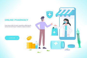 Online pharmacy concept. Pharmacist selling medical supplies in online drugstore in smartphone. Young man buying medicine and pills online, vector illustration