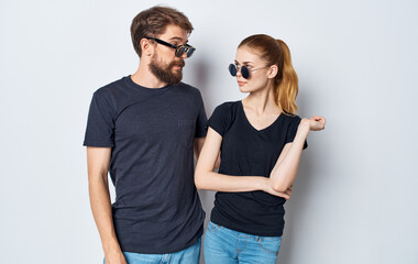 young couple black t-shirts sunglasses studio emotions romance Studio