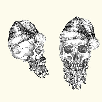 Set Hand drawn sketch human skull with santa hat and fur scarf. Black graphic Engraving art isolated on white background. Alternative Christmas and New Year vintage style. Vector illustration
