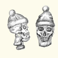 Set Hand drawn sketch human skull with santa hat and fur scarf. Black graphic Engraving art isolated on white background. Alternative Christmas and New Year vintage style. Vector illustration