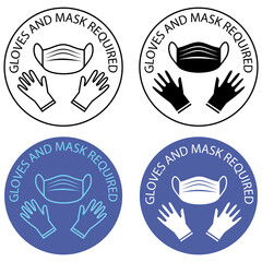 Safety gloves are required. Mask and gloves are required, warning prevention sign. Virus prevention icons. Blue color and black outline icons. Preventing virus spread concept. Vector