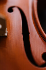 Close up of violin showing f-hole