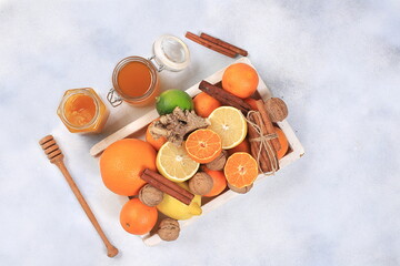 Healthy natural food for the flu and colds. Selection of fresh fruits with vitamins to strengthen the immune system. Organic virus protection products,