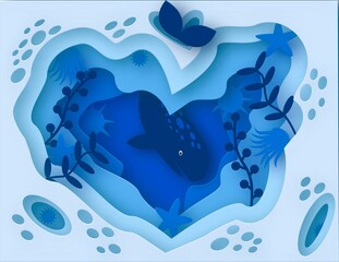 Paper cut style card of blue sea and whale