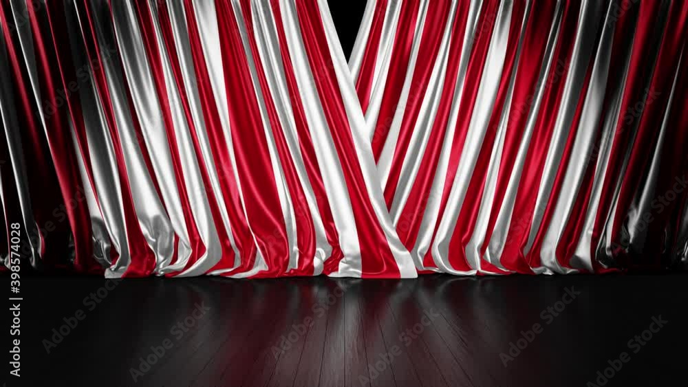 Poster realistic 3d animation of the striped red and white stage curtains rendered in uhd, alpha matte is i