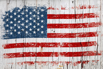 Grunge American flag over old white painted wood