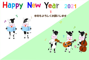 令和三年の新年を祝ってコンサートを開催している牛たちの年賀状のテンプレート。