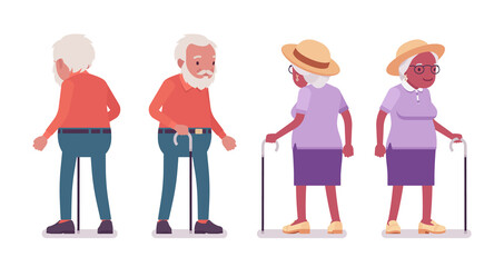 Old man, woman elderly person standing with walking cane. Senior citizens over 65 years, retired grandparent, old age pensioner. Vector flat style cartoon illustration isolated on white background