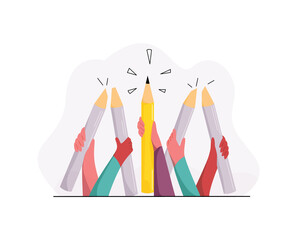 Vector illustration concept thinking differently, creativity, individuality, discovery, inspiration, success, optimism, victory. Here is set hands holding broken pencils, there is one holds whole one.