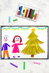 Colorful drawing: A Christmas time, a smiling couple and  beautiful Christmas tree