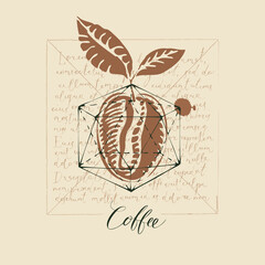 Banner with the inscription Coffee, a brown coffee bean and a polytope on the background of handwritten text Lorem ipsum. Creative vector illustration in vintage style on an old paper background