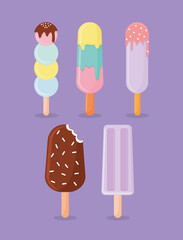 set of ice cream icons on a purple background