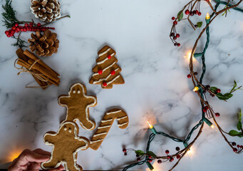 Decorated gingerbread cookies Christmas flat lay