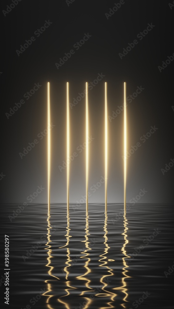 Poster 3d render, abstract minimal scene with vertical golden lines isolated on black background. wet floor