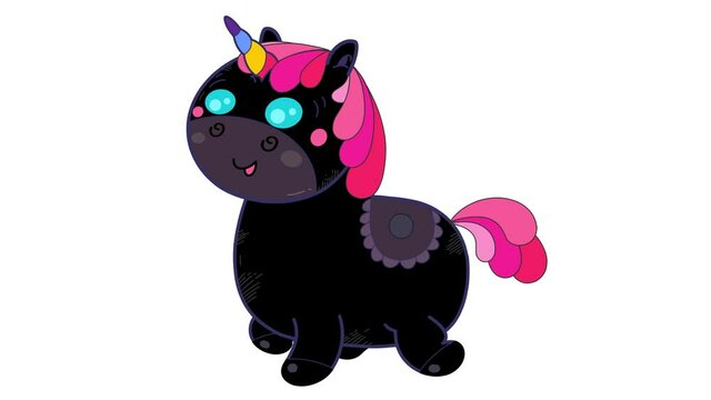 Cartoon isolated kawaii black unicorn walking character. Sweet fantastic pet animal. Good for any movie, presentation, etc... Funny sweet and cute children animation. Alpha channel, seamless loop.