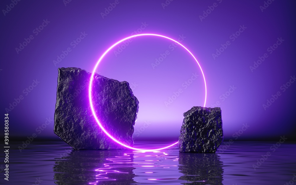 Poster 3d render, abstract futuristic background with neon ring, black cobble rocks and cobblestones and re