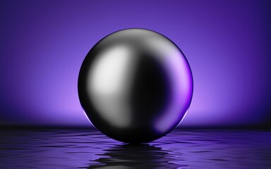 3d render, abstract background with black pearl ball in the water, with reflection and violet neon light