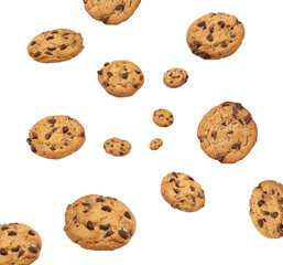 Chocolate chip cookies droping isolated over white background