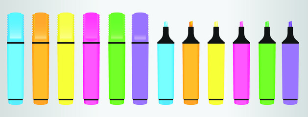 Vector drawing of plastic highlighters markers in six bright colors. Object are shown open and close. Realistic image. Stationary for every day use in office, school, for students, crafts and more.
